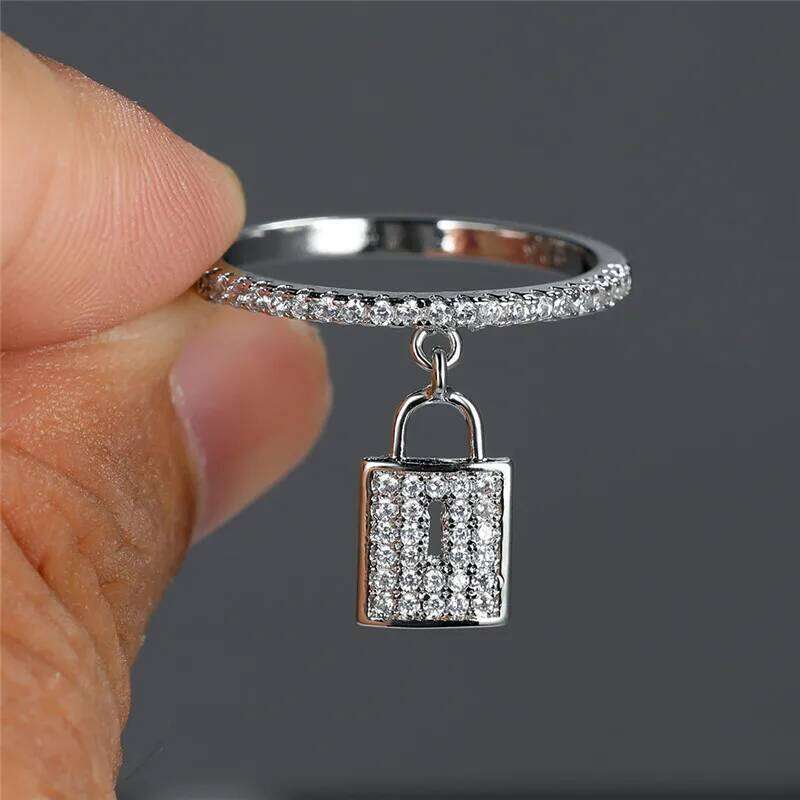 Luxury Female Crystal Lock Pendant Ring Trendy Gold Silver Color Engagement Jewelry Charm White Zircon Wedding Rings For Women