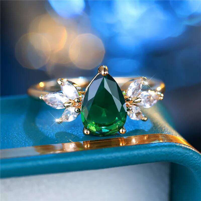 Cute Female Green Zircon Stone Water Drop Ring Charm Gold Color Wedding Jewelry For Women