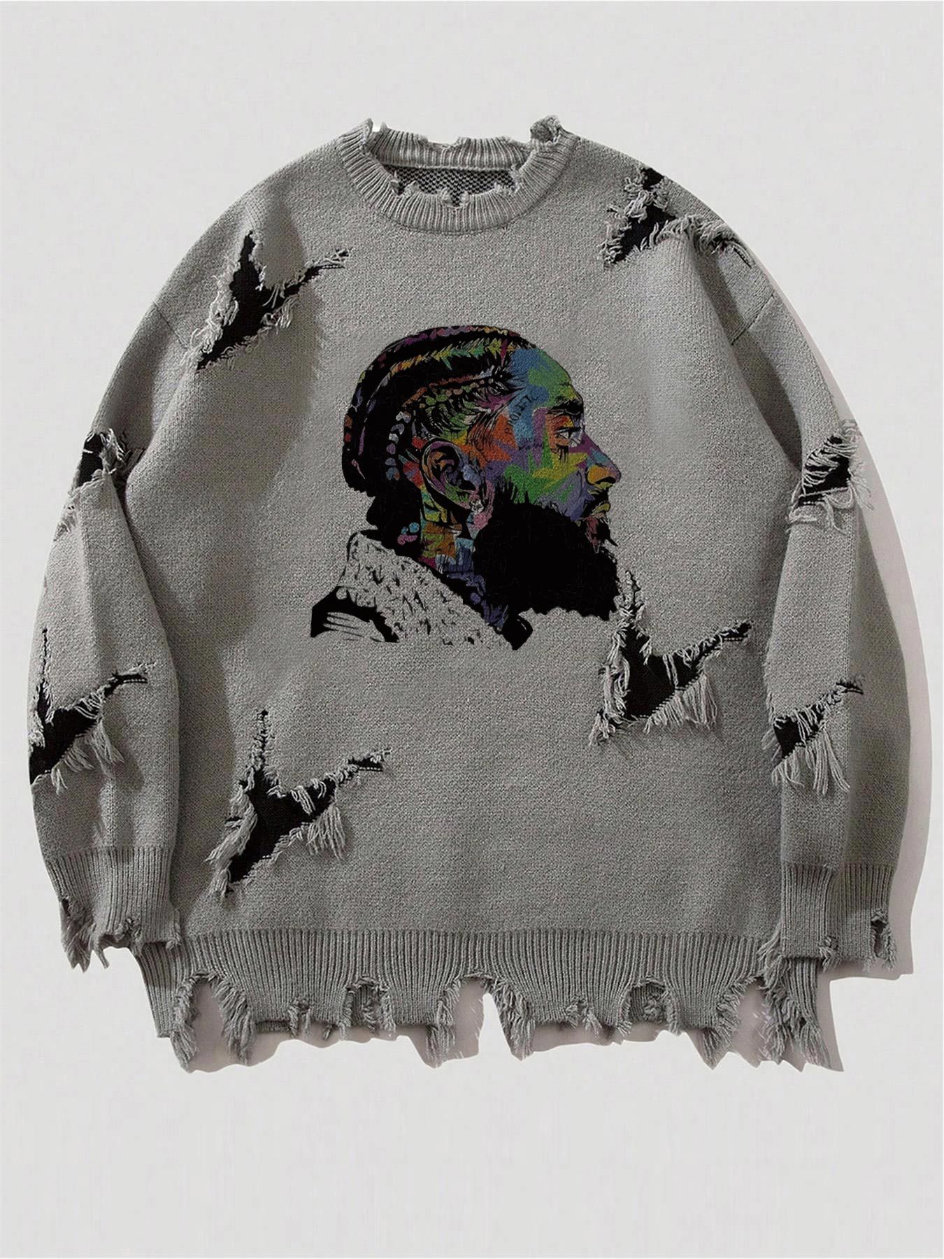 WOZK men's trendy brand ripped sweater long sleeved men's autumn and winter American retro knitted sweater