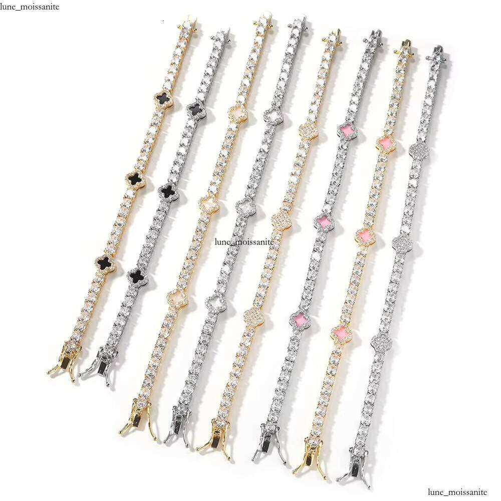 Men's Hip-Hop Gold-Plated Pearl VVS Moissanite Diamond Lucky Iced Black Clover Tennis Bracelet