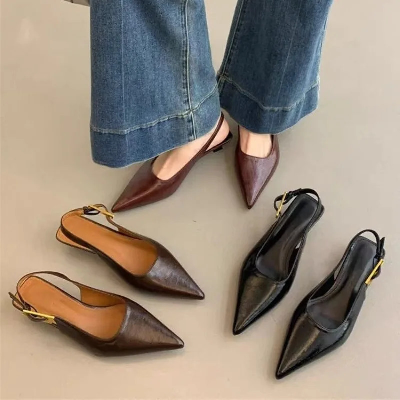 Sexy Pointed Toe Mid Heels Sandals Women Shoes Slingback Summer 2025 Trend Dress Leather Pumps Elegant Party Sandalias Mujer 251231