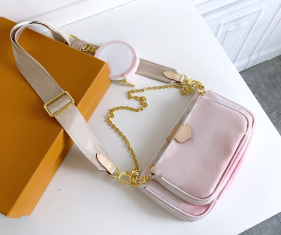 Pink strap White crossbody bags designer bag 3pcs set women shoulder bag luxury plaid cross body bag Multi Pote Gold chain Messenger Tote bag Coin Purse 44813 Hot sell