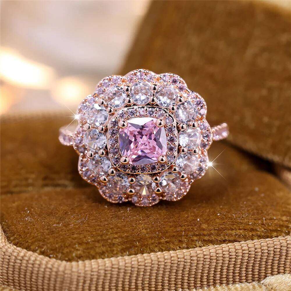 Luxury Female White Pink Square Flower Round Zircon Stone Ring Rose Gold Color Dainty Gift Party Wedding Jewelry For Women