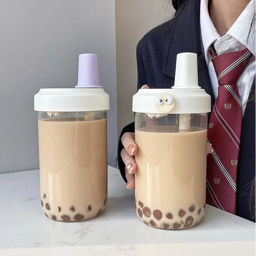 500/850ml Cute Pearl Milk Tea Straw Plastic Water Bottle With Cup Cover Bubble Coffee Cups Drop-proof Large Capacity Drinkware 251231