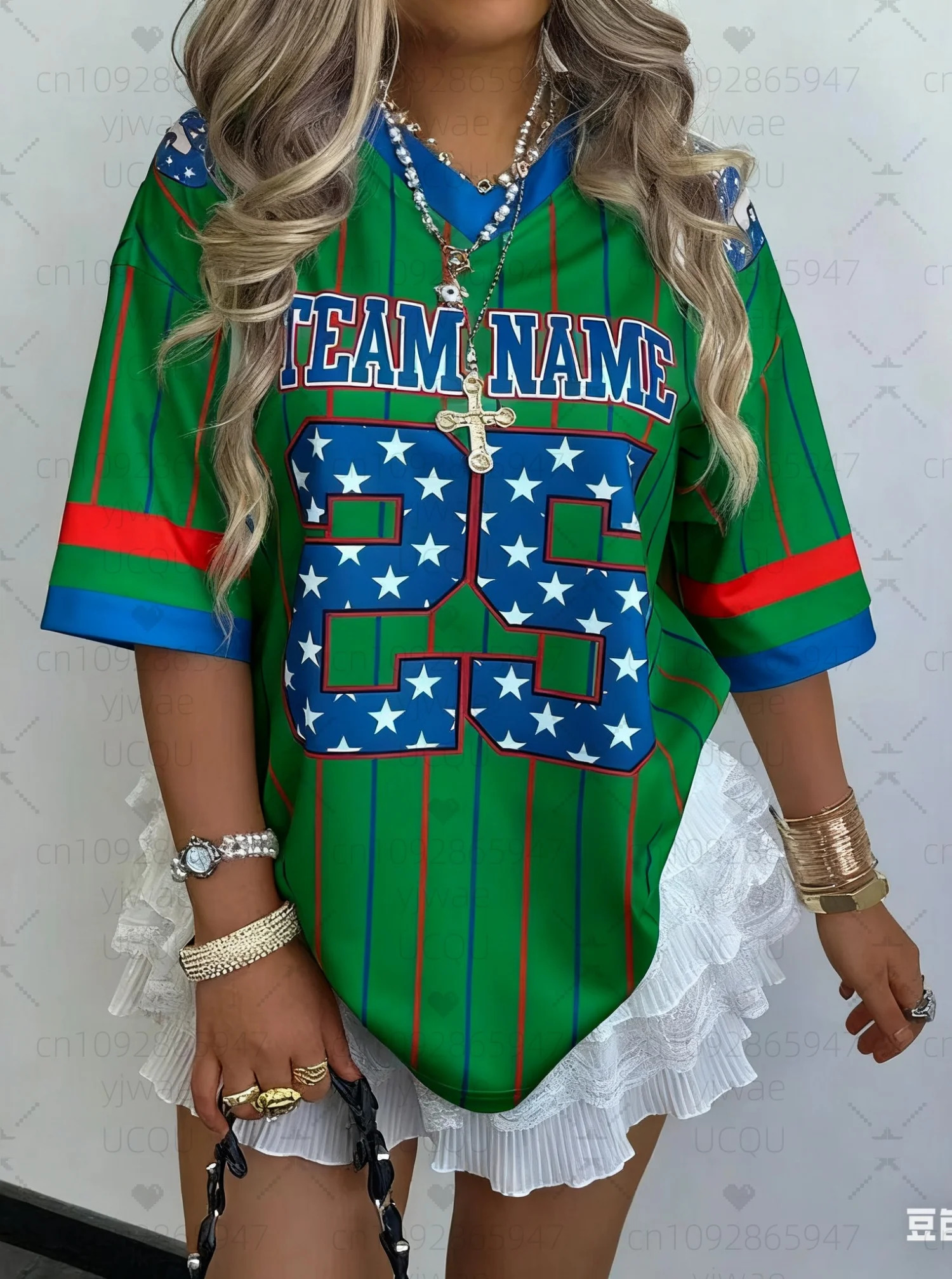 Summer Women Number 25 Print V-Neck Short Sleeve T-Shirt Summer Tee Baseball s Stripe Oversized Sport T-Shirt 251231