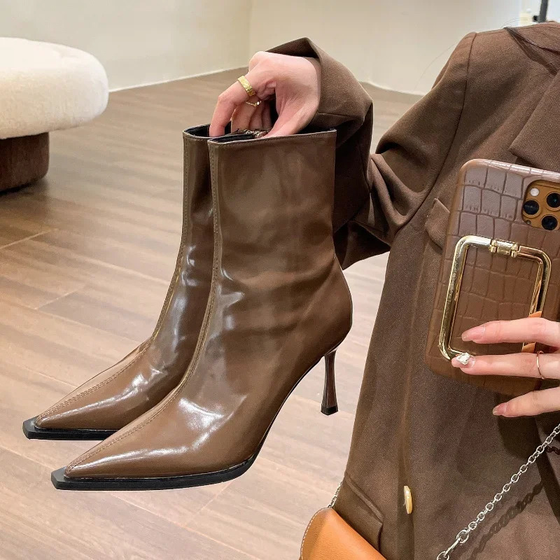 Womens Sexy Pointed Toe Ankle Boots Vintage Autumn Fashion High Heels patent leather skinny boots Women Brown Short Booties 251226