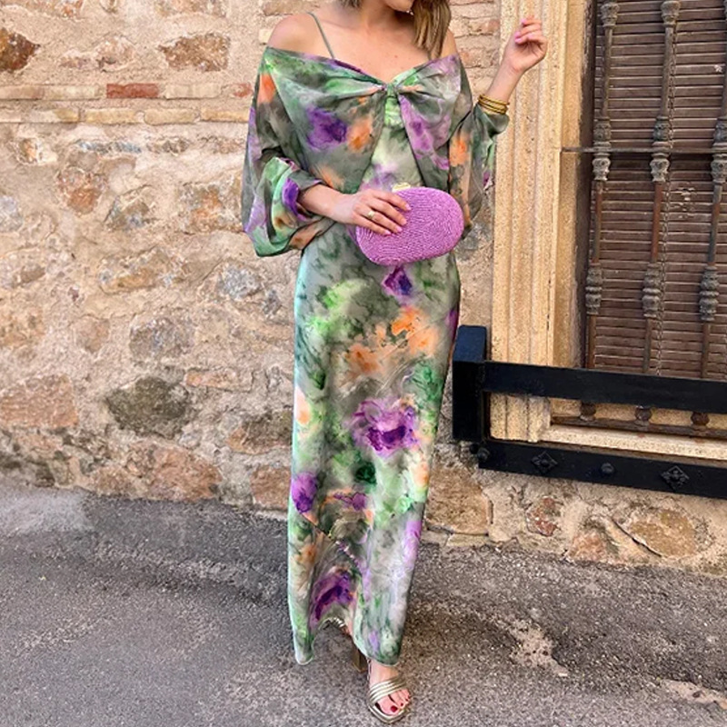 Spring New Womens Fashion Elegant Sexy Off-shoulder Tie-dye Print Strapless Cape Fashion Set for Women