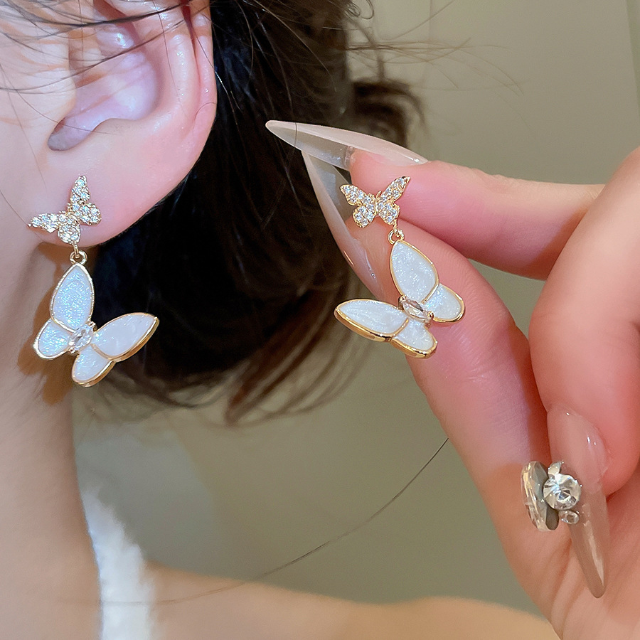 Silver Needle Zircon Oil Drop Butterfly French Sweet Elegant Niche Temperament Light Luxury High-end Feel Earrings for Women - view 3