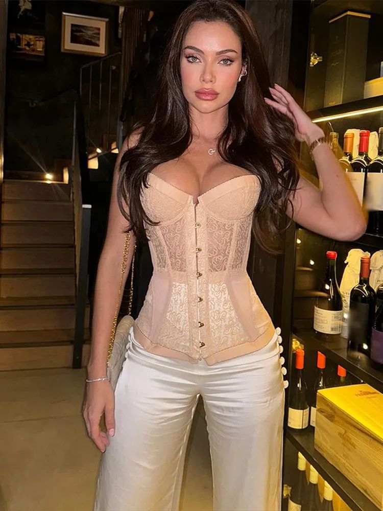 Sexy Lace Strapless Corset Fitted Top Designer All-Purpose Vest Women Slim Bandage V-neck Single Breasted Fishbone Tops 2025 Summer Lady All-match Tan