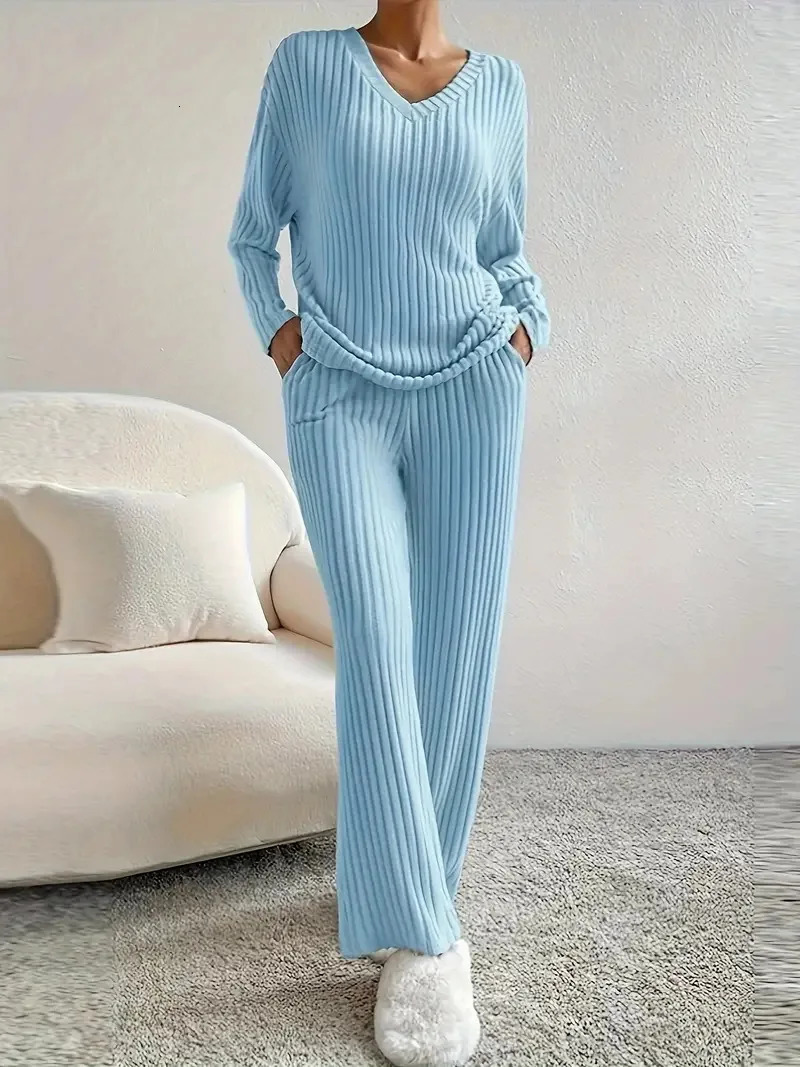 Women Pajamas Set Autumn Winter Sleepwear Vneck Ribbed Knit Tops and Trousers 2 Pieces Outfits Homewear Casual Loungewear 251231