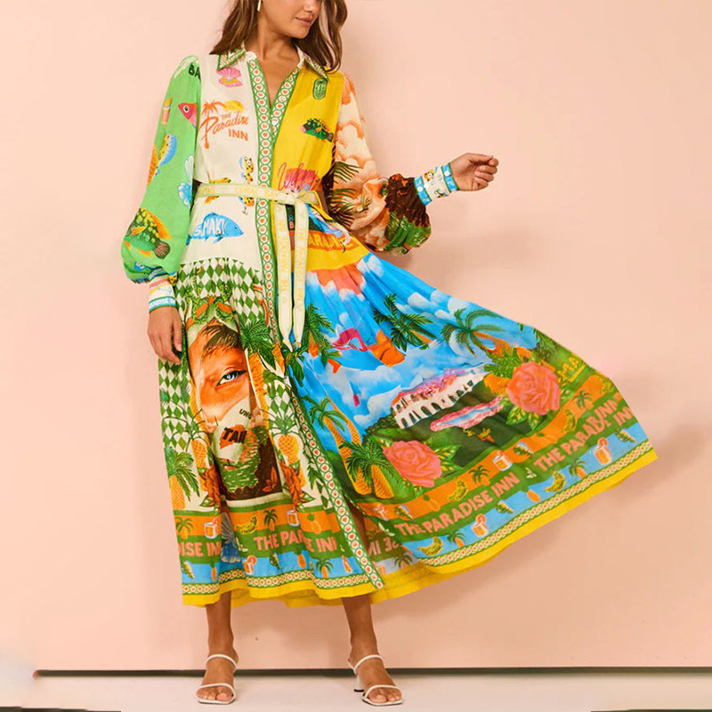 Autumn Womens Fashion Printed Lantern Sleeve Belted Shirt Waist Dress