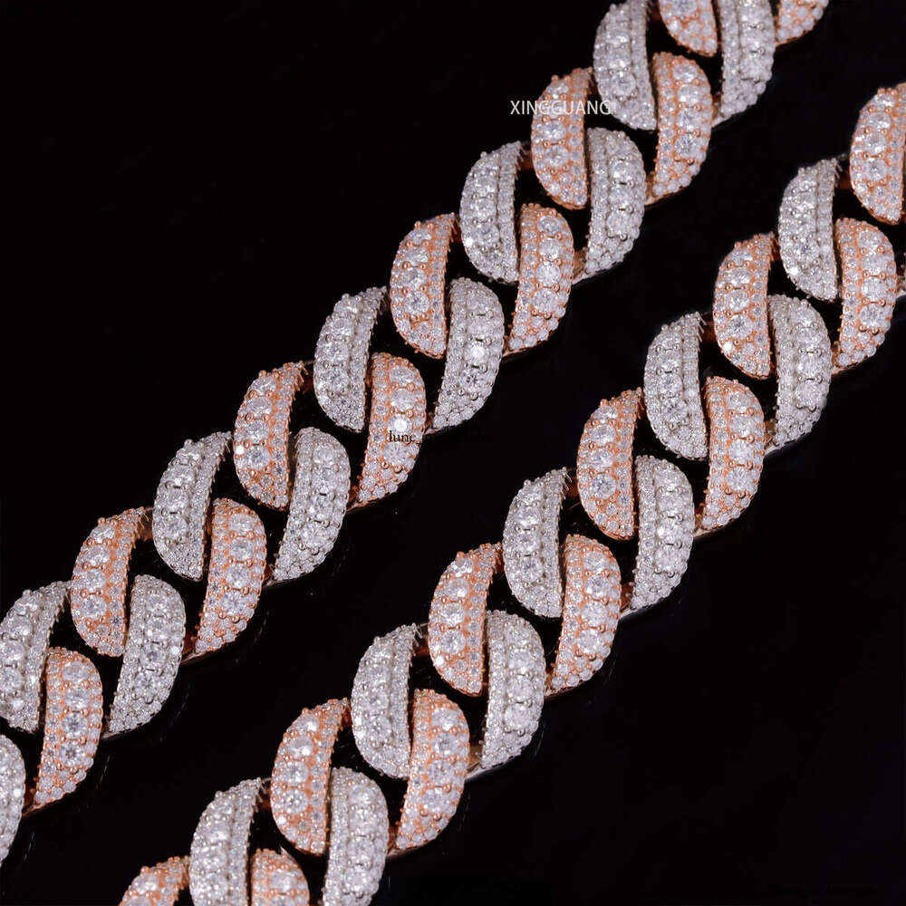 Hip Hop 14/16/18mm Full Iced Out Middle VVS Moissanite Raised S925 Two-tone Gold Plated VVS Diamond Cuban Chain Jewelry