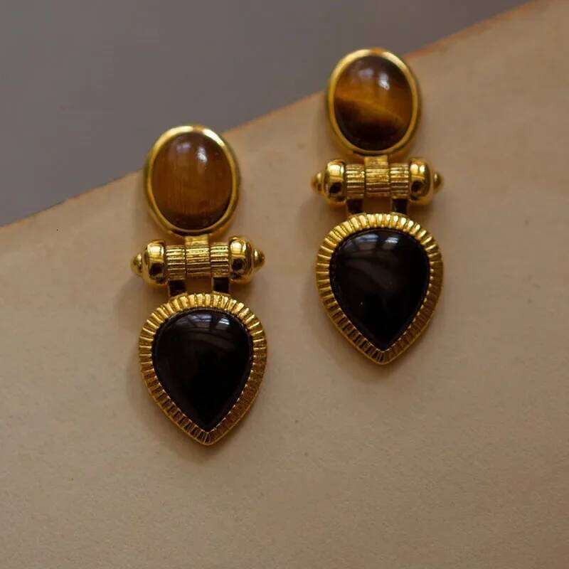 vintage original design Brown cat's eye stone earings water droplet Black agate earrings for women High quality fashion jewelry