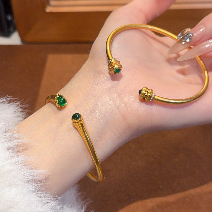 24k Gold gold Zircon Resin Gourd Open New Chinese Style Retro Bracelet Light Luxury High-end Feel Jewelry for Women - view 4