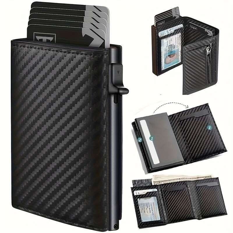 JINXIANGGUO Stylish Pop Up Wallet Black Orange Aluminum Credit Holder Carbon Fiber Microfiber Synthetic Leather Slot RFID Blocking Metal Bank Card Sle