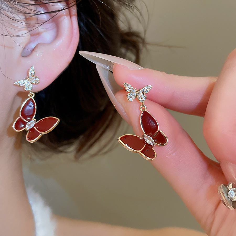 Silver Needle Zircon Oil Drop Butterfly French Sweet Elegant Niche Temperament Light Luxury High-end Feel Earrings for Women - view 4