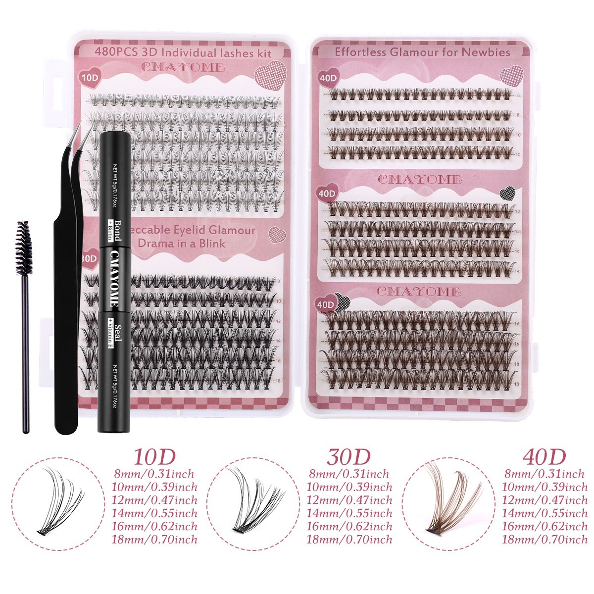 480Pcs Thick Fluffy Individual Eyelashes Black + Brown DIY Cluster Lashes Kit with Lash Bond & Seal Hand Made Reusable D Curled DIY Segmented Eyelash 