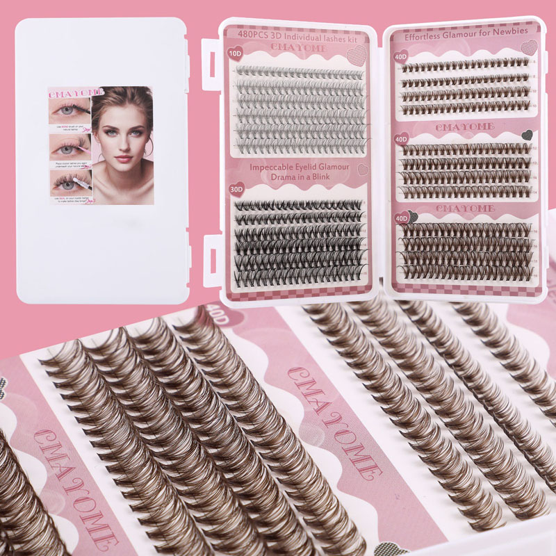 480Pcs Thick Fluffy Individual Eyelashes Black + Brown DIY Cluster Lashes Kit with Lash Bond & Seal Hand Made Reusable D Curled DIY Segmented Eyelash 