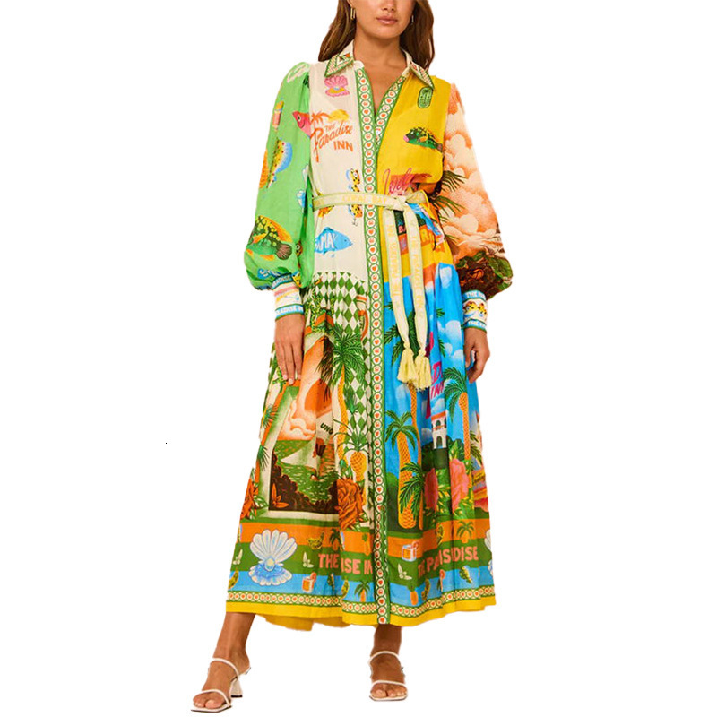 Autumn Womens Fashion Printed Lantern Sleeve Belted Shirt Waist Dress