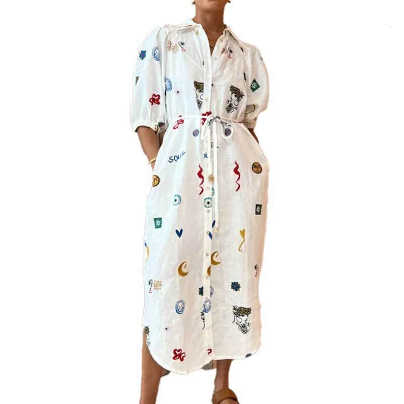 Spring New Womens Fashion Loose Printed Turn-down Collar Tie Bubble Sleeve Shirt Dress Long Dress