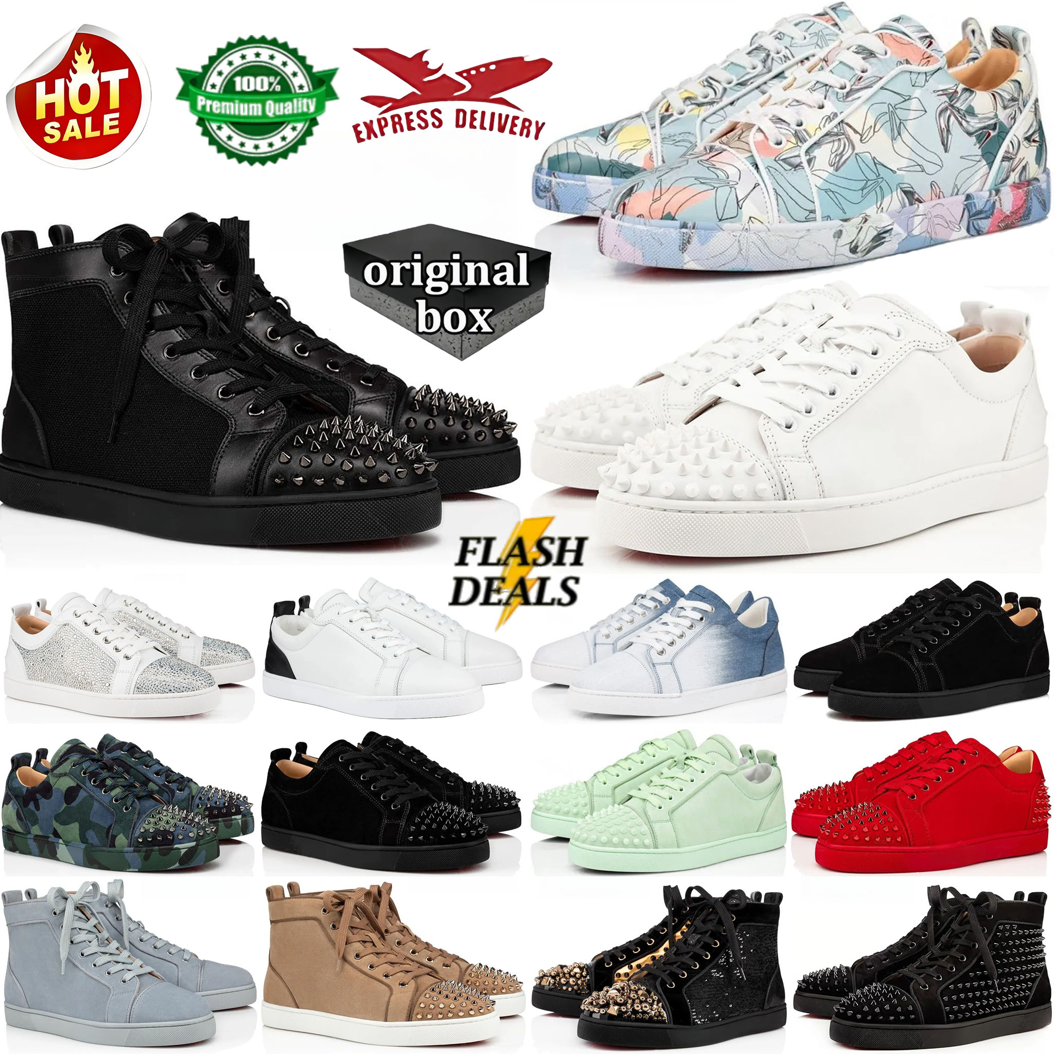 Designer shoes Red Dress Shoes Men Casual Shoes Bottoms Sneakers Glitter Grey Rivets Leather Suede Women Fashion Spikes Luxury classic Office Career Wedding Train