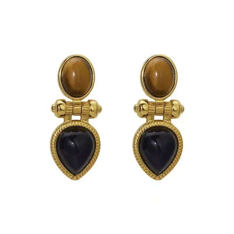 vintage original design Brown cat's eye stone earings water droplet Black agate earrings for women High quality fashion jewelry