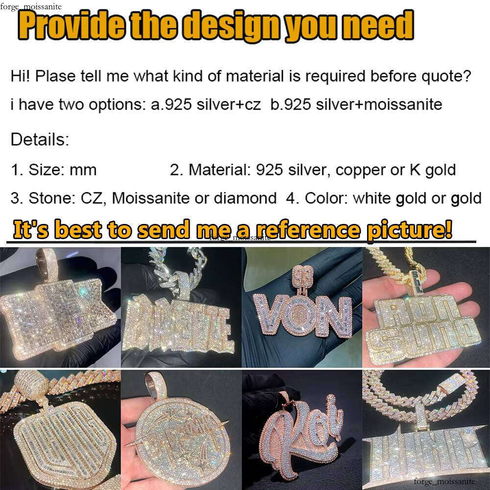 Vvs Moissanite Baguette Moissanites Men Custom Iced Out Jewelry Letter Initial Hip Hop Cuban Chian Pendant