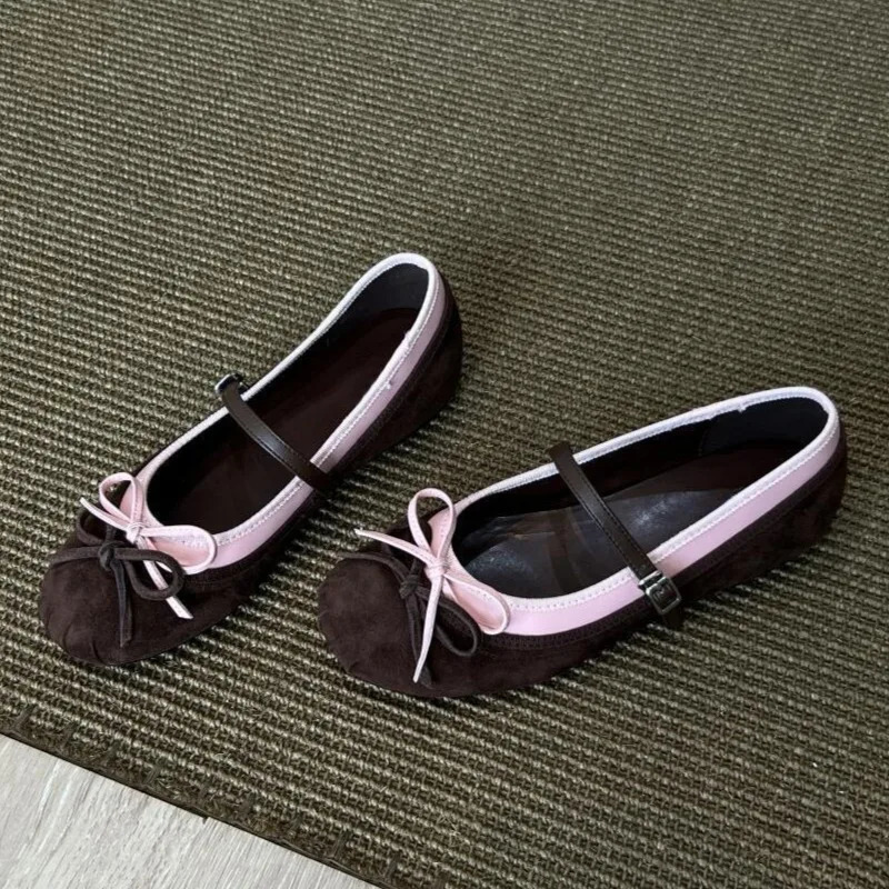Cute Double Bow Decoration Ballet Flats Women High Quality Suede Patchwork Mary Jane Shoe Cozy Round Toe Soft Bottom Casual Shoe 251230