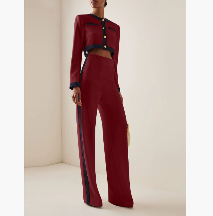 Women's Two Piece Pants Fashion Set Women Round Neck Long Sleeve Patchwork Singe Breasted Button Top Loose Wide Legs Casual Sets Autumn