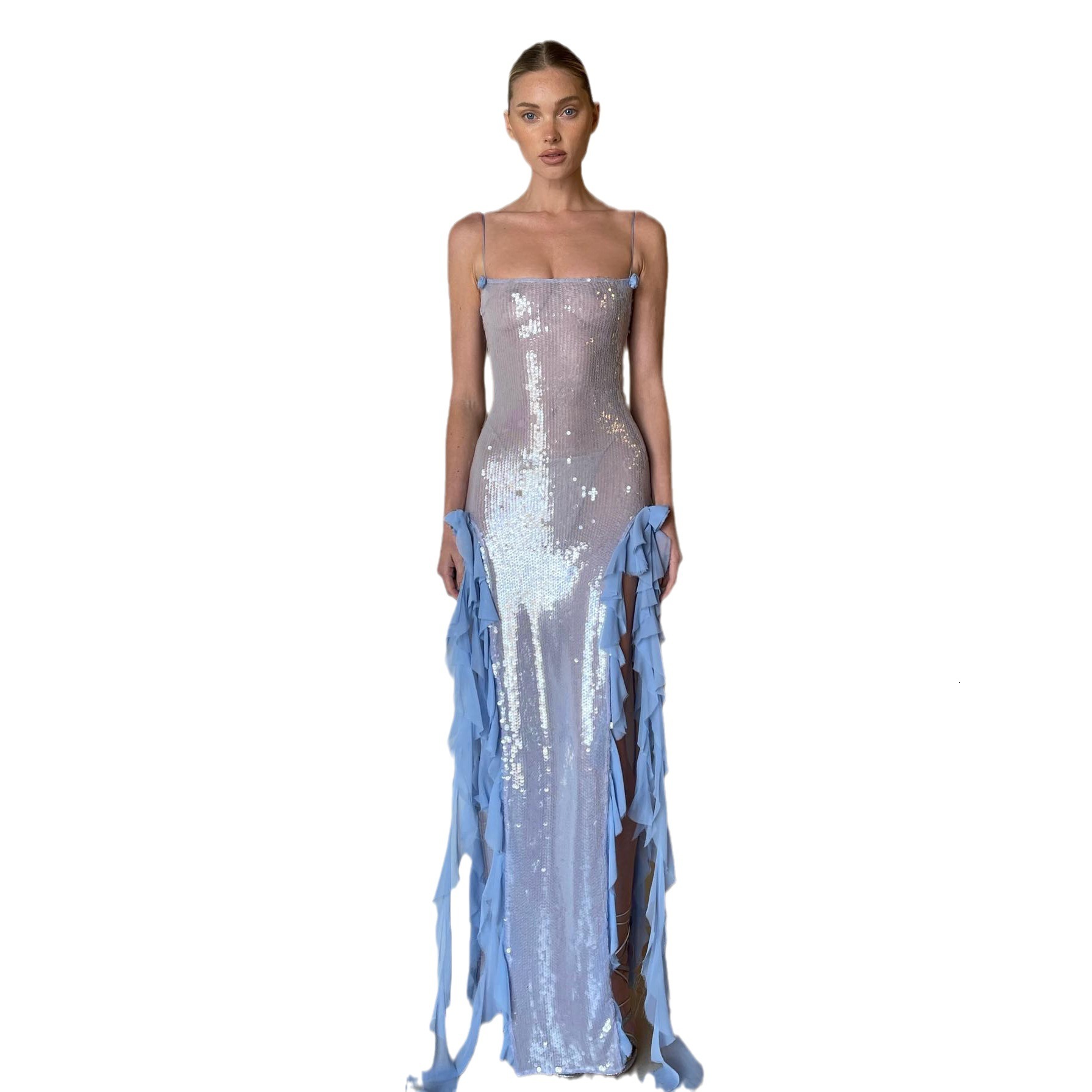 Evening Dress Sexy Sheer Long Dress Sequin Ruffled Dress Three-dimensional Flower Fringe Strap Dress