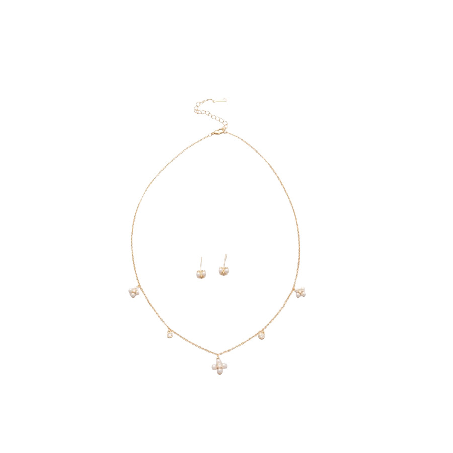 Real Gold Plated Zircon Flower Pearl Earrings Necklace Elegant Commuting Versatile Jewelry Set Light Luxury Niche Accessories - view 8