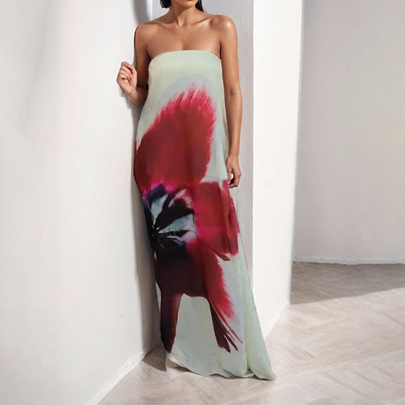 Summer New Cross-border Womens Fashion Color-block Sleeveless Sexy Printed Tube Top Long Dress for Women