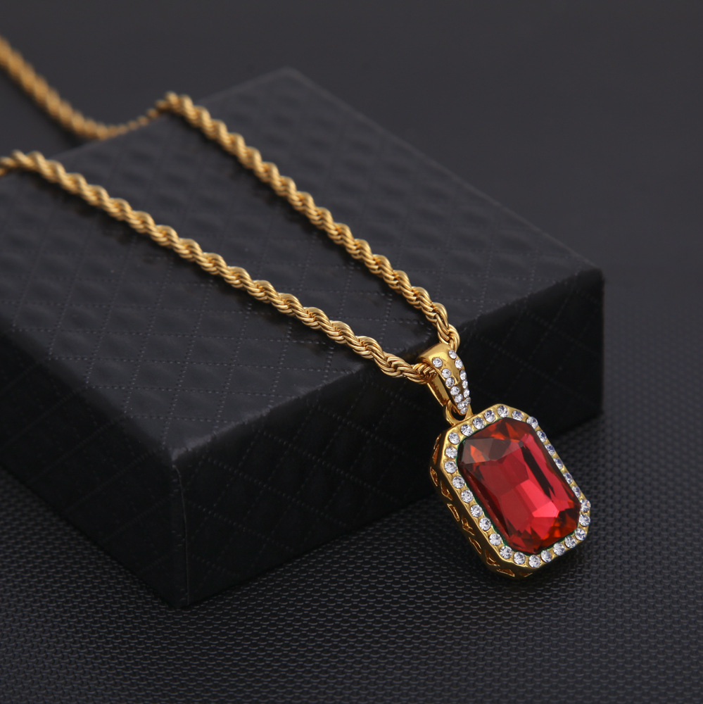 New Trendy Men Necklace Yellow Gold Plated Ruby Pendant Necklaces with Rope Chain Nice Gift for Boy Friend