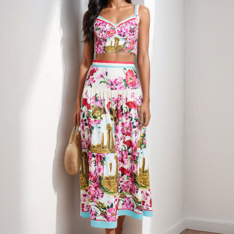 Spring New Womens Sexy Camisole Top Printed Crop High Waist Set