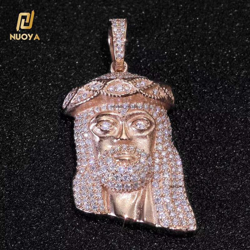NUOYA Women's Hip-Hop Jesus Head Pendant Rose Gold Plated 925 Sterling Silver Iced VVS Moissanite Jewelry Passed Moissanite Test