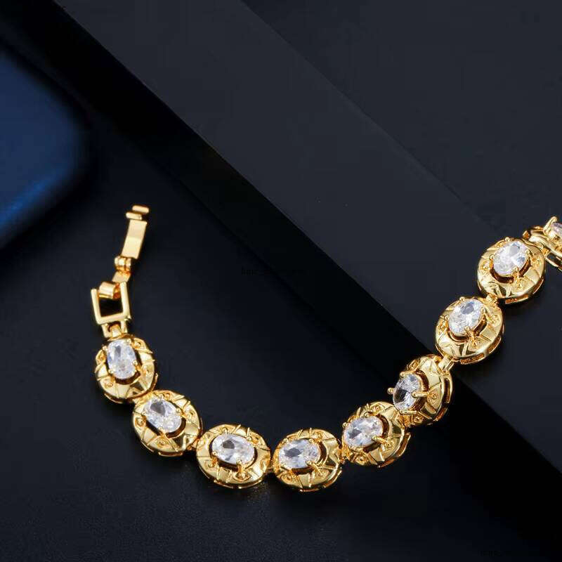Chic Fashion Gold Color Oval Cut Jewelry Transparent Round Cubic VVS Moissanite Tennis Bracelet Women's Party Gift