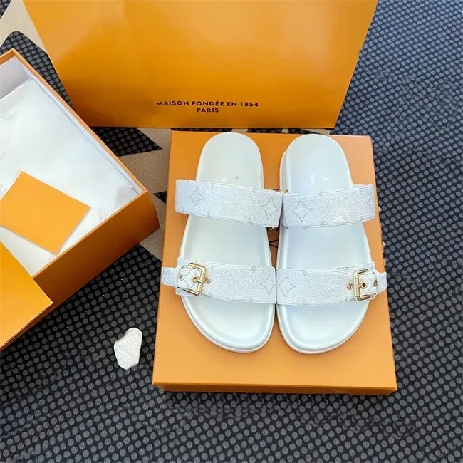 Women mens Designer Sliders Bom dia Flat Mule COMFORT Sandal Luxury Slipper Leather Shoe Floral Denim Slide brown Summer Rubber Beach Shoes travel sandale EUR 35-45 02