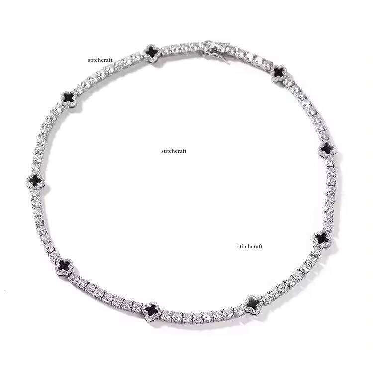 Fashion Clover Lucky Grass Black Tennis Chain Hip Hop Jewelry Custom Necklace for Men and Women
