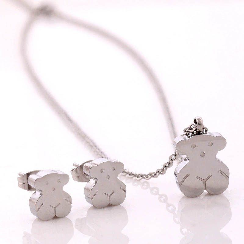 Hot Sale Fashion Women Girls Silver Gold Stainless Steel Span Bear Hollow Animal White Pearl Chain Pendant Bracelet Necklace Jewelry