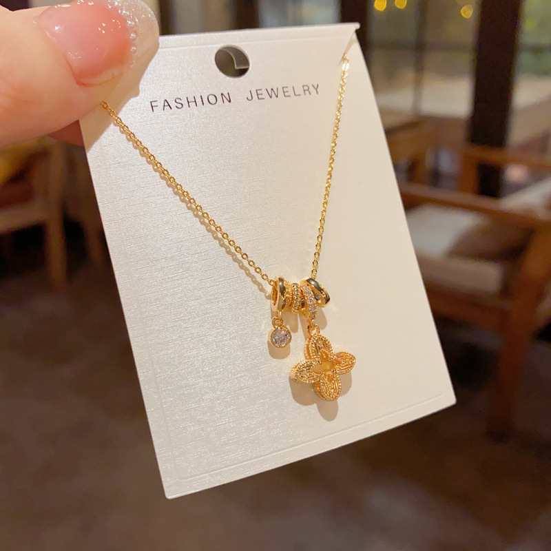 Niche Fashion Versatile Multi-Circle Hollow Four-Leaf Flower Necklace Exquisite Light Luxury Simple Design Clavicle Chain Wholesale - view 3