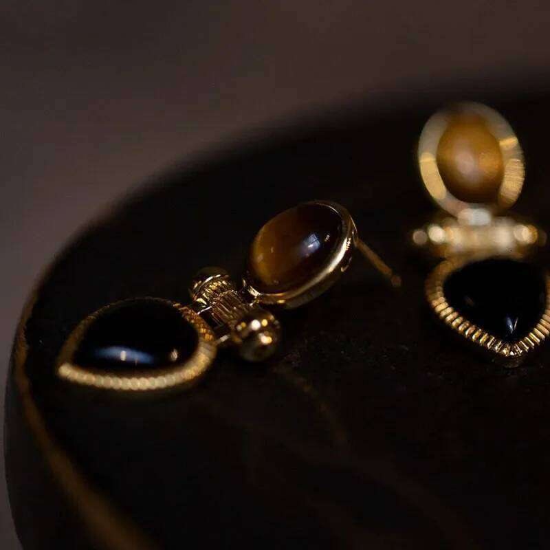vintage original design Brown cat's eye stone earings water droplet Black agate earrings for women High quality fashion jewelry