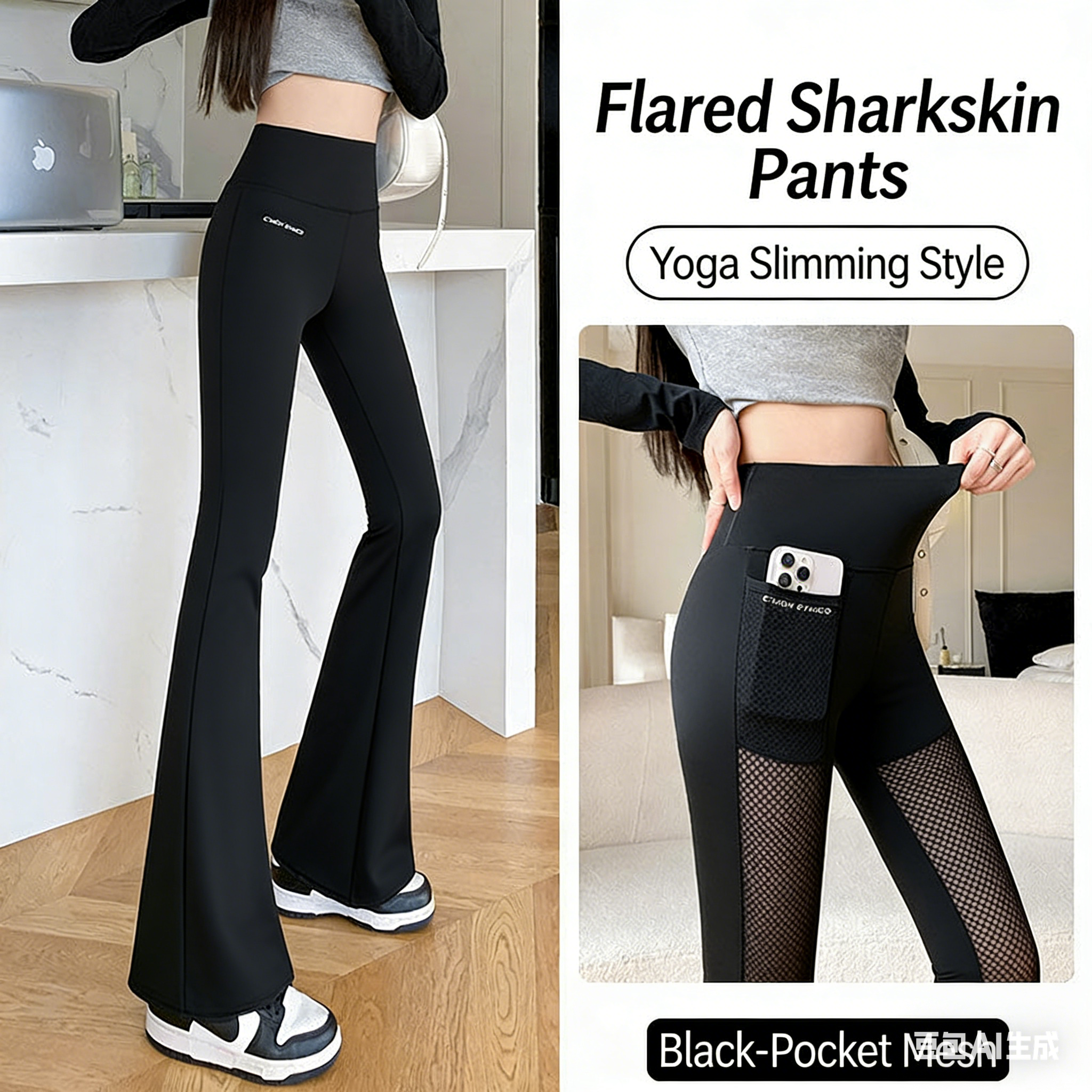 Women's Sheer Mesh Pocket Flared Leggings | Lightweight Hollow-Out Sharkskin Pants for Spring/Summer/Fall | High-Waisted Tummy Control Yoga Flare