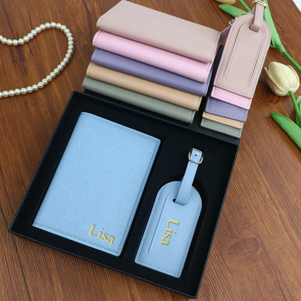 Customized name set unisex Safiano PU leather passport holder and luggage tag gift box 260104
