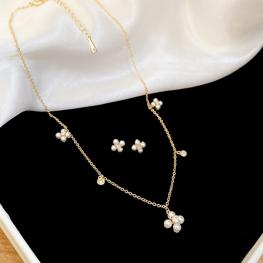 Real Gold Plated Zircon Flower Pearl Earrings Necklace Elegant Commuting Versatile Jewelry Set Light Luxury Niche Accessories - view 3