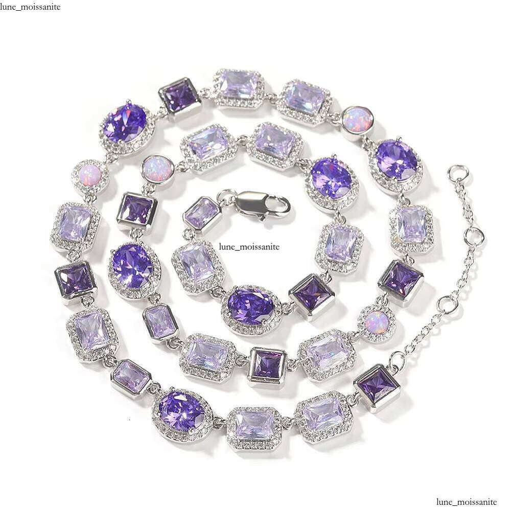 VVS Moissanite Hot Sale Luxury 10mm Geometric Purple Gemstone Necklace High-Quality Brass Chain Rhodium Fashion Hip-Hop Unisex