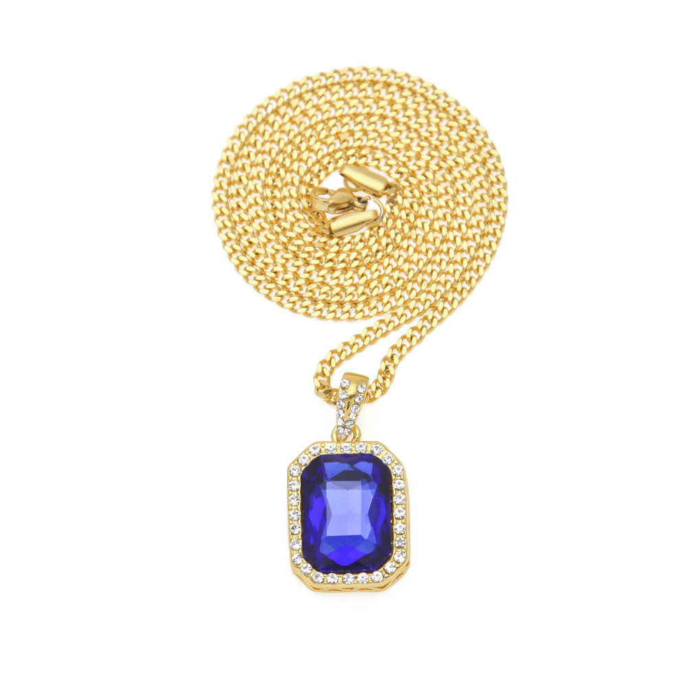 New Trendy Men Necklace Yellow Gold Plated Ruby Pendant Necklaces with Rope Chain Nice Gift for Boy Friend