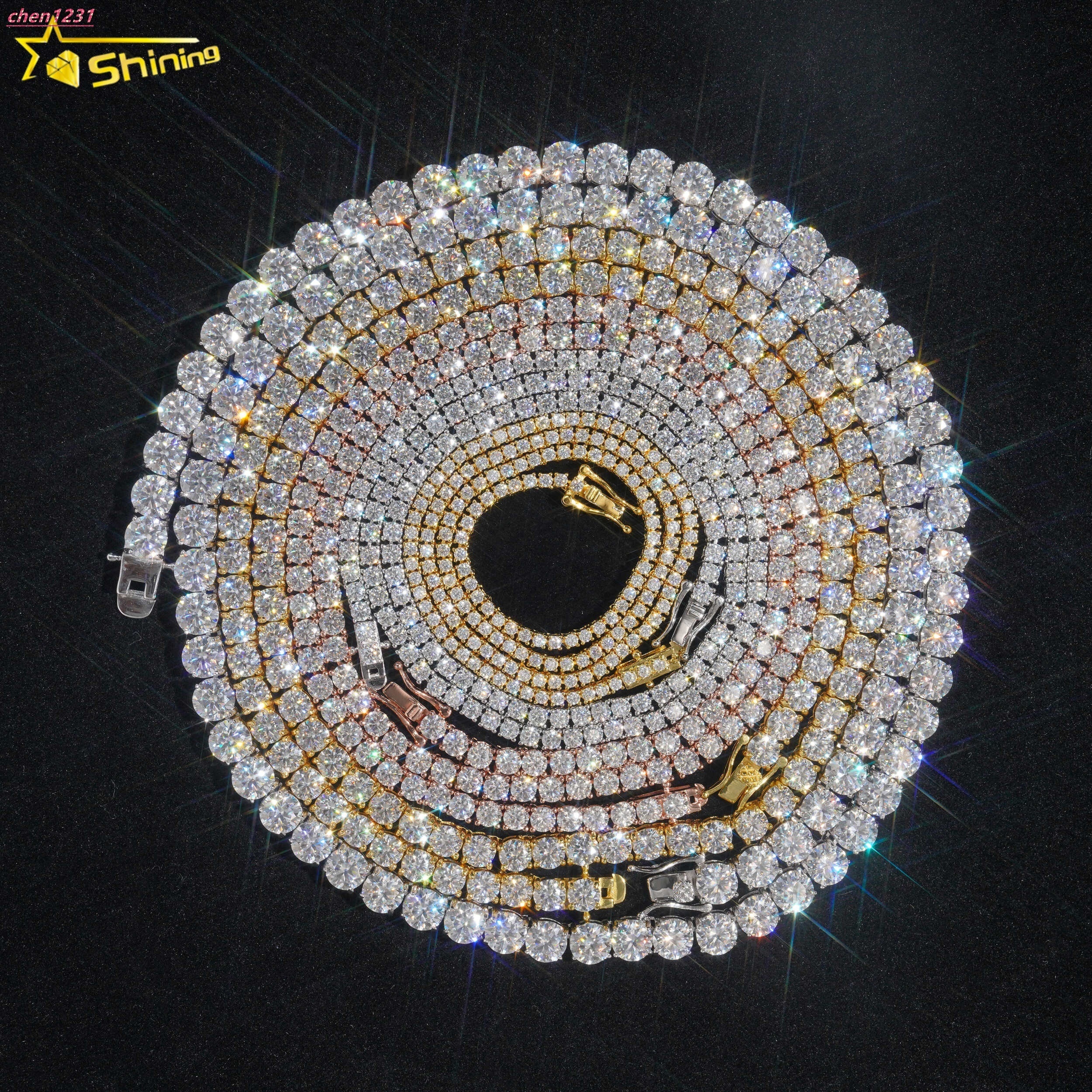 Ship Worldwide 2mm 3mm 4mm Factory Wholesale Solid S925 Gold Hip Hop Necklace VVS D Color Moissanite Tennis Chain