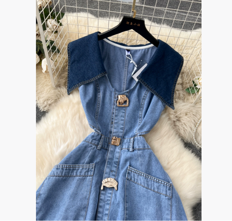 Casual Dresses Designer Denim Dress Women Long Single Breasted Big Turn-down Collar Waist Slimming Temperament Split A-Line Vestidos