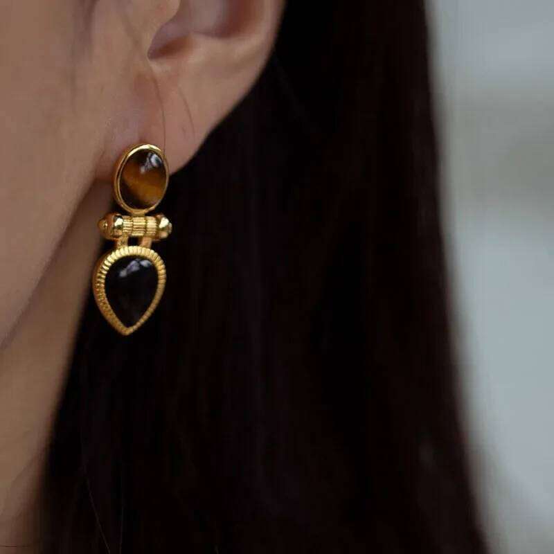 vintage original design Brown cat's eye stone earings water droplet Black agate earrings for women High quality fashion jewelry