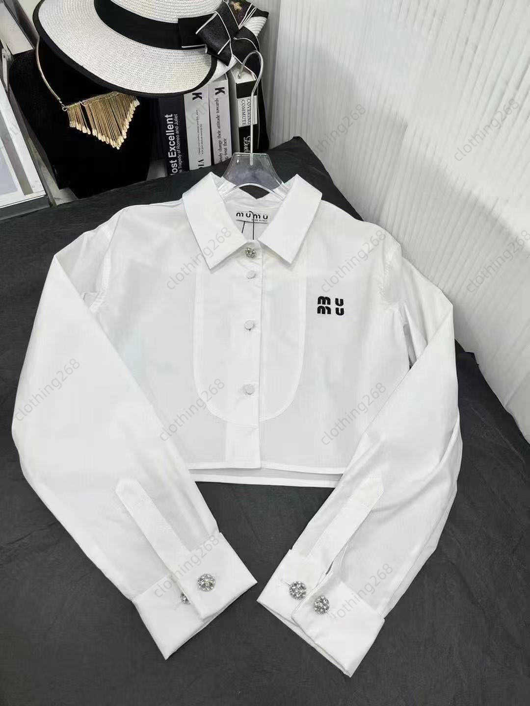 Designer Women Cropped t Shirt Tops Luxury Long Sleeve Rhinestone Buttons Short Blouse Summer Vacation White Shirt